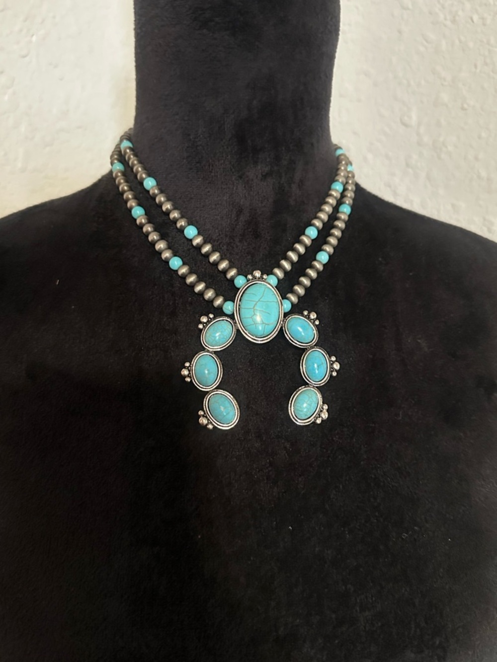 Turquoise Stone Squash Blossom Necklace - Women Jewelry